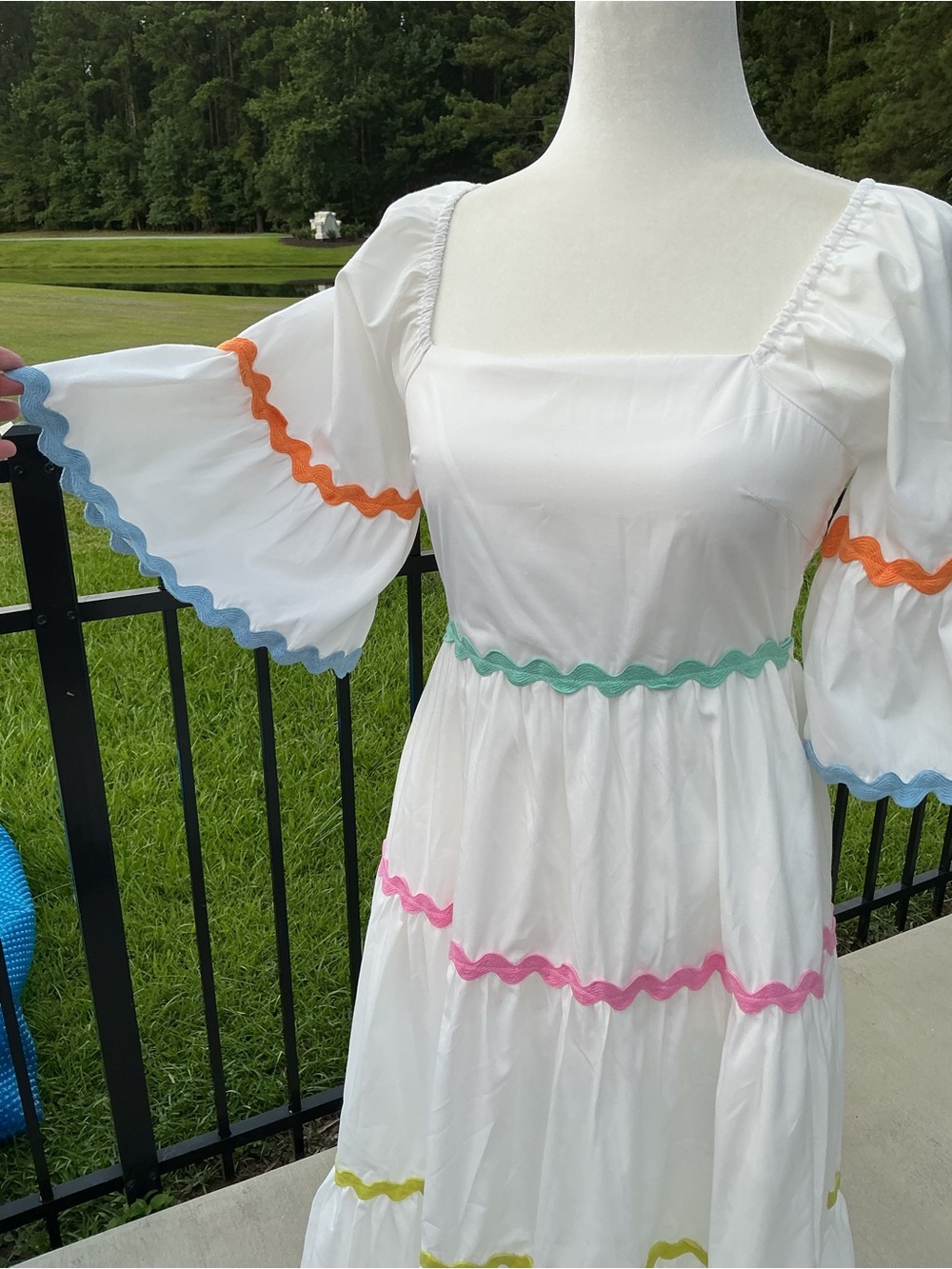 entro White Tiered Lined Maxi Dress with Multicolor Ric Rac Trim and Pockets - Picture 5 of 6